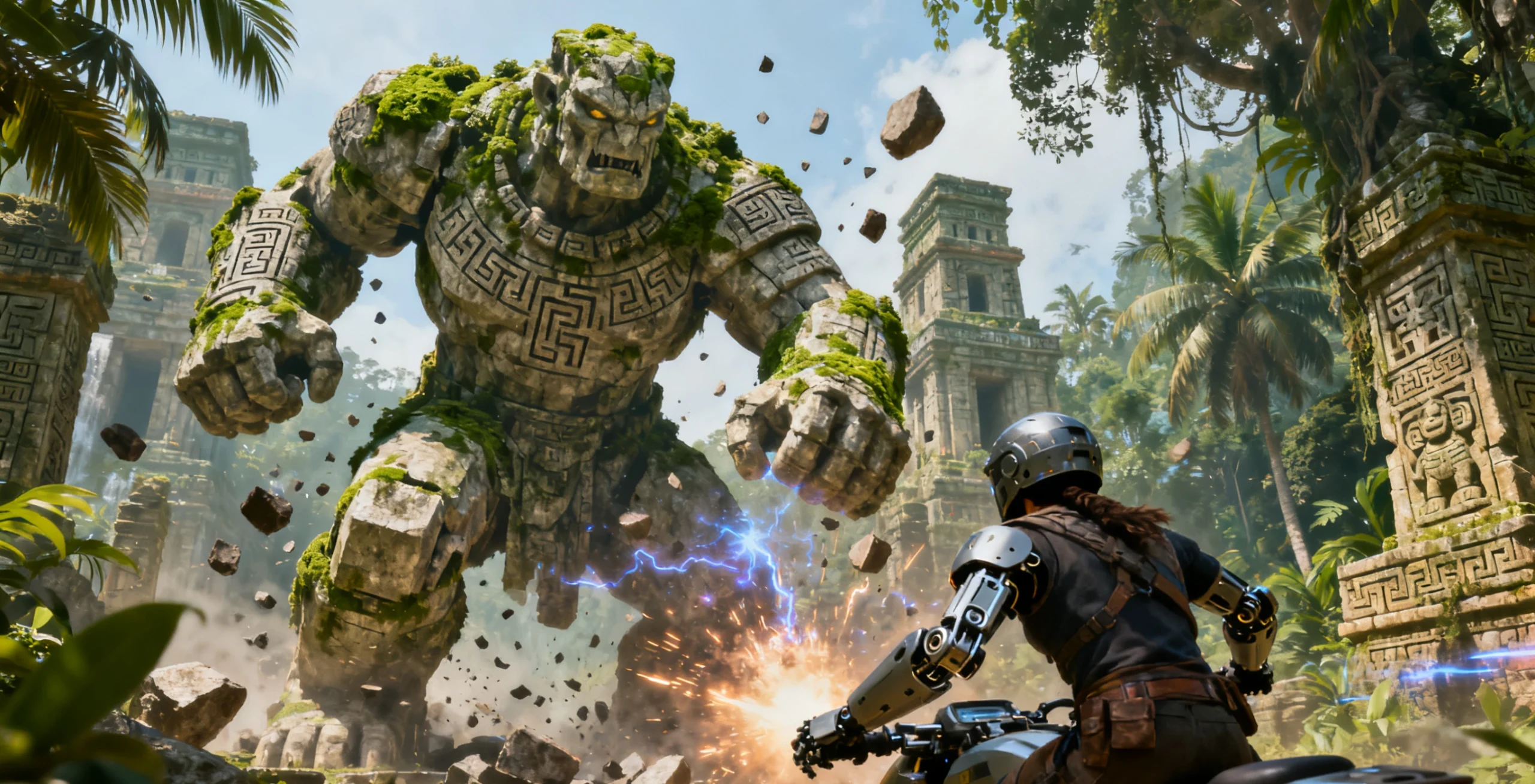 PS5独占游戏《荒野猎神》宣传图 - 展示主角与神话生物战斗场景