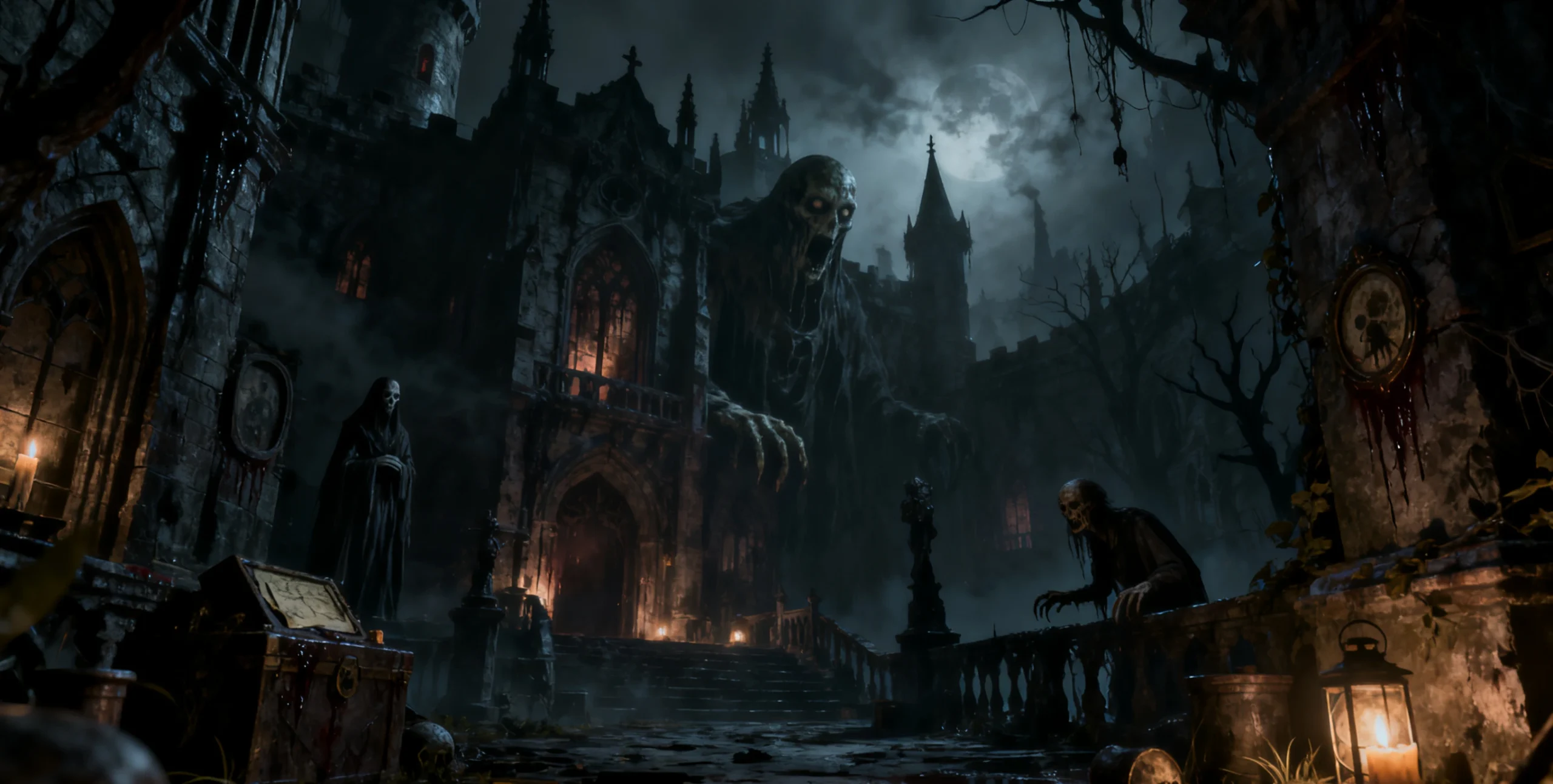 网页游戏《古堡谜影》封面 - 展示恐怖解谜与古堡环境