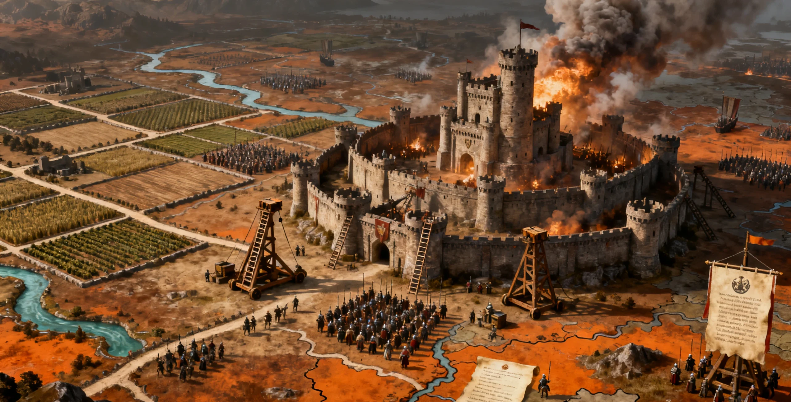 网页游戏《王国史诗》宣传图 - 展示中世纪王国与战略地图